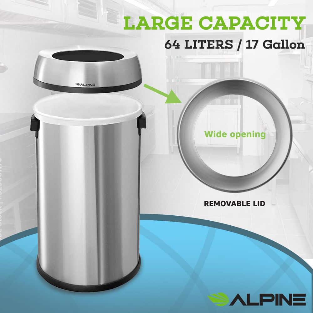 17-Gallon Stainless Steel Open Top Trash Can with Black Ring, 2-Pack