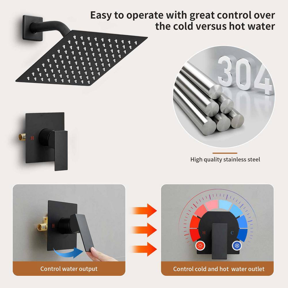 Matte Black Stainless Steel Square Rain Shower Faucet Set