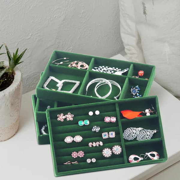 Jewelry Trays for Drawers Set of 8 Green Velvet Stackable Jewelry