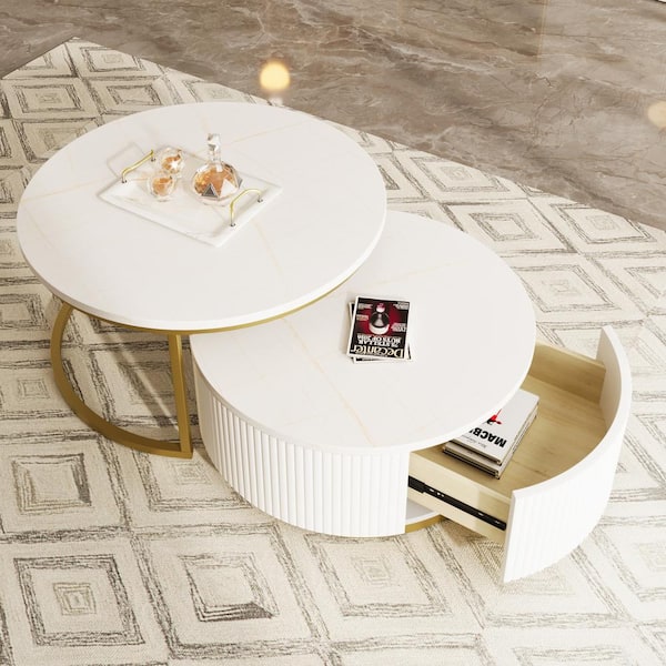 Harper & Bright Designs 31.5 in. White Wood Modern Round Nesting End Table Coffee Table with Drawer
