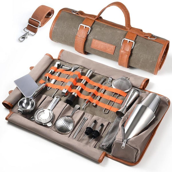 22-Piece Stainless Steel Bartender Kit with Waxed Canvas Tool Bag - Professional Bar Tools Set for Cocktail Making