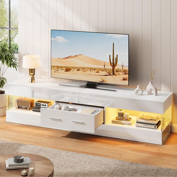 67 in. Glossy White TV Stand Fits TV Up to 75 in. Entertainment Center with Storage Drawer LED Light