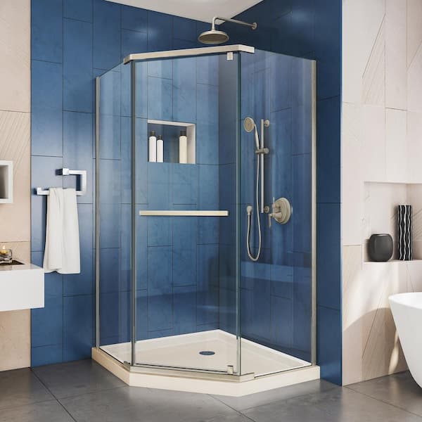 DreamLine Prism 36 in. x 36 in. x 74.75 in. Semi-Frameless Pivot Neo-Angle Shower Enclosure in Brushed Nickel with Biscuit Base