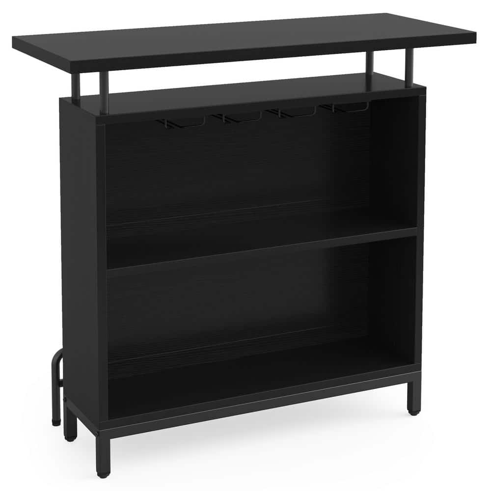 BYBLIGHT Kearsten 44.5 in. Black Wood Bar Unit, 4Tier Liquor Bar Table