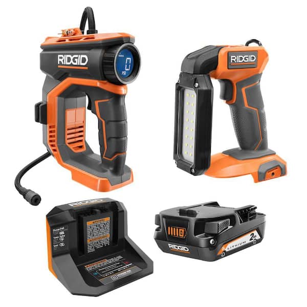 18V Cordless Digital Inflator Kit with 2.0 Ah Battery and Charger with 18V Cordless Stick Light