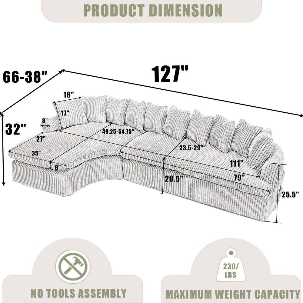 Measurement diagram of the gray corduroy L-shaped sectional sofa.