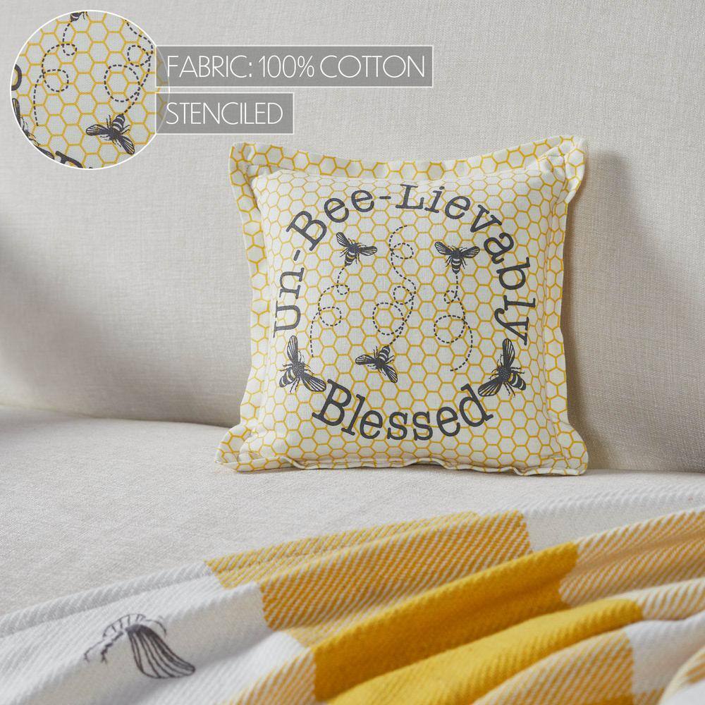 Vintage Yellow Cotton Square Throw Pillow with Bee Design