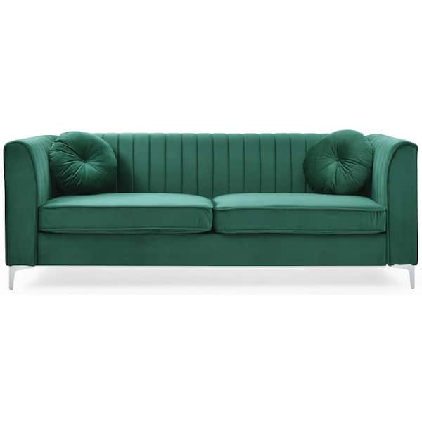 AndMakers Delray 87 in. Square Arm Velvet Tight Back Straight 2-Seat Sofa in Green