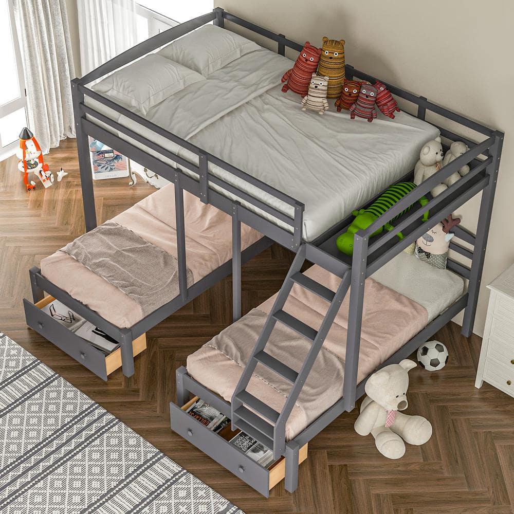 Qualler Gray Full Over Twin Triple Bunk Bed with Drawers BWM000233E ...