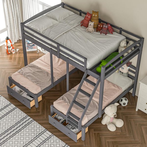 Qualler Gray Full Over Twin Triple Bunk Bed with Drawers