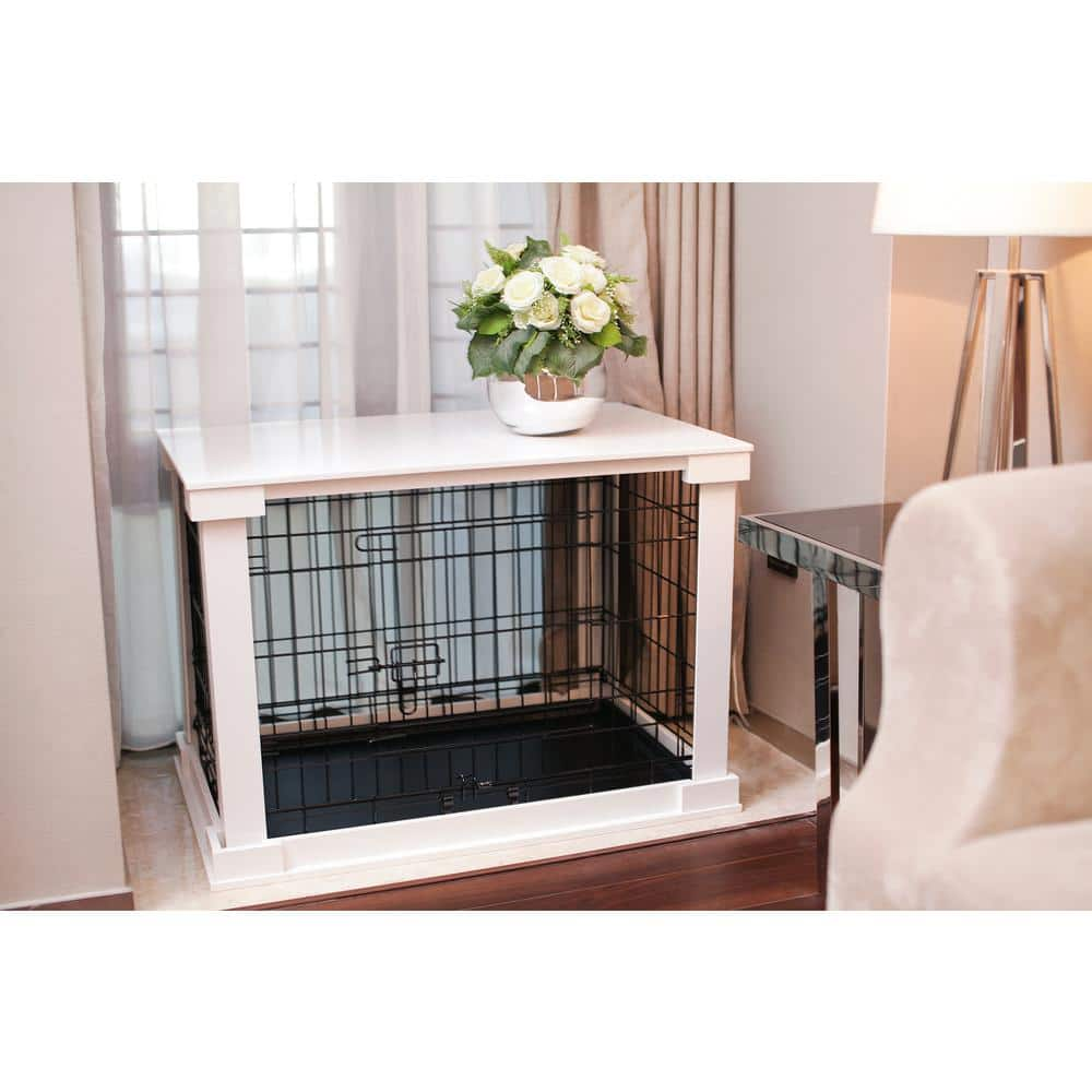 white dog crate end table