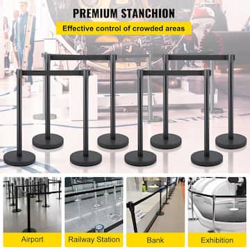 SKYSHALO Crowd Control Stanchion, (Set of 8) Pieces Stanchion Set, Stanchion Set with 6.6 ft. /2 m Black Retractable Belt, Black GLZHSHD8JTZG00000V0-VE1010