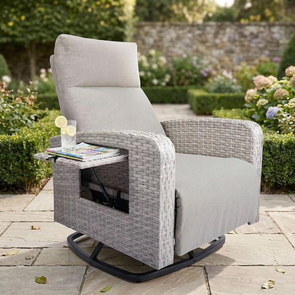 Grey Wicker Outdoor Chaise Lounge Reclining Swivel Chair with