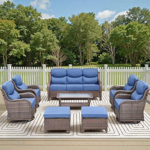 Holion Brown 8-Piece Wicker Patio Conversation Swivel Glider Set Outdoor Sofa Seating Set with 6 in. Blue Cushions