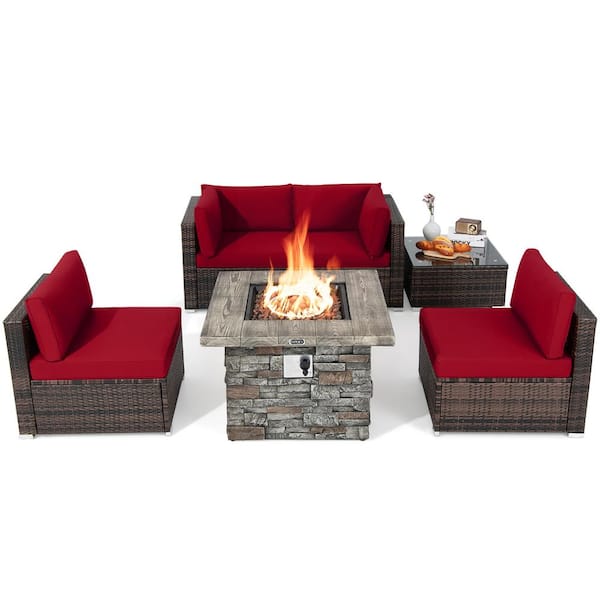 Costway 6 -Piece Wicker Patio Conversation Set 34.5 in. Fire Pit Table with Cover Red Cushions