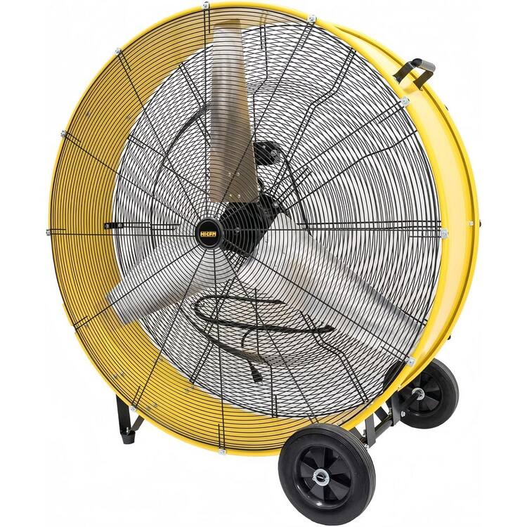 42 in. Yellow Drum Fan, 2 speeds, 4/5 HP motor, 26,800 CFM airflow, 9-ft cord. Ideal for workshops, garages, etc