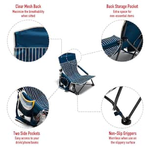 Navy Blue Metal Patio Folding Beach Chair Lawn Chair Camping Chair with 2-Side Pockets and Built-in Shoulder Strap