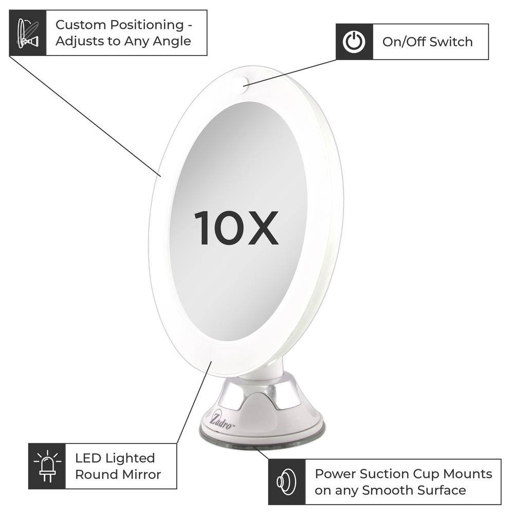 Lumina Pure White 10x LED Lighted Swivel Suction Wall Mirror