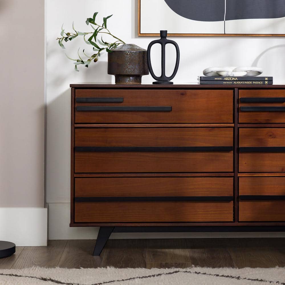 Walnut Mid-Century Modern 60" Solid Wood 6-Drawer Dresser