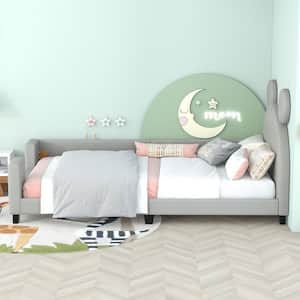 Gray Twin Size Daybed with Round-Ears-Shaped Headboard, PU Leather Upholstered Kids Platform Bed Daybed