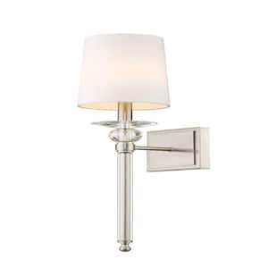 Ava 5.5 in. 1-Light Brushed Nickel Interior Wall Sconce With Sleek White Fabric Shade