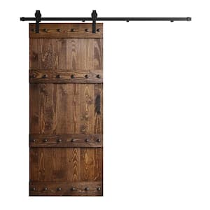 Castle Series 36 in. x 84 in. Dark Walnut DIY Knotty Pine Wood Sliding Barn Door with Hardware Kit