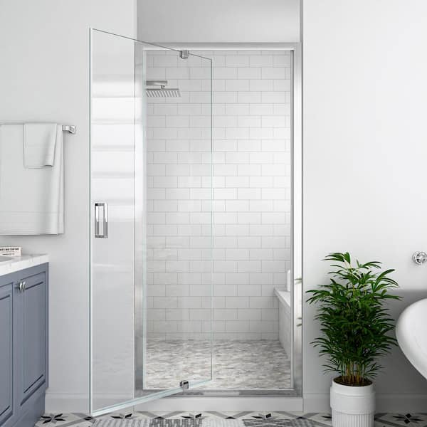 30 in. W x 72 in. H Pivot Framed Swing Shower Door in Single Panel in Chrome Finish with 1/4 in. Clear Tempered Glass