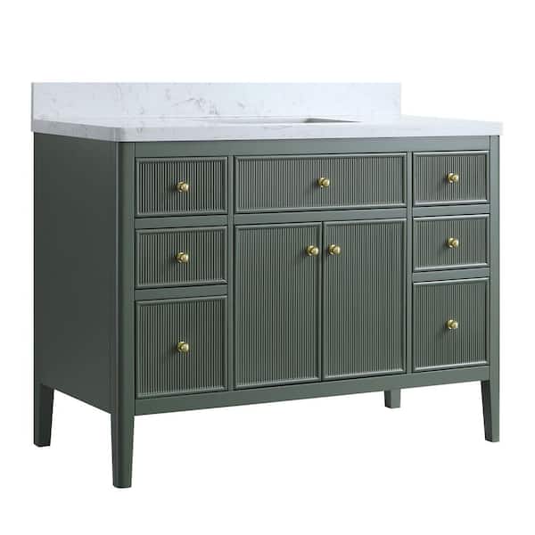 48 in. W Single Sink Solid Wood Bath Vanity in Vintage Green with White Engineered Marble Top, Soft-Close