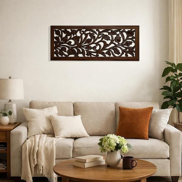 Benjara Brown Wooden Wall Panel with Leaves Wooden Wall Panel