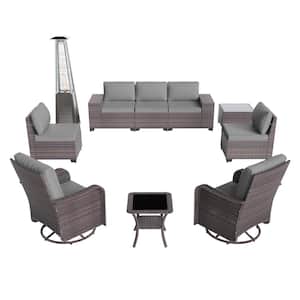 11-Piece Wicker Patio Conversation Set with Fire Pit Table, with Pyramid Heater, Swivel Rocking Chairs Set, Cushion Grey