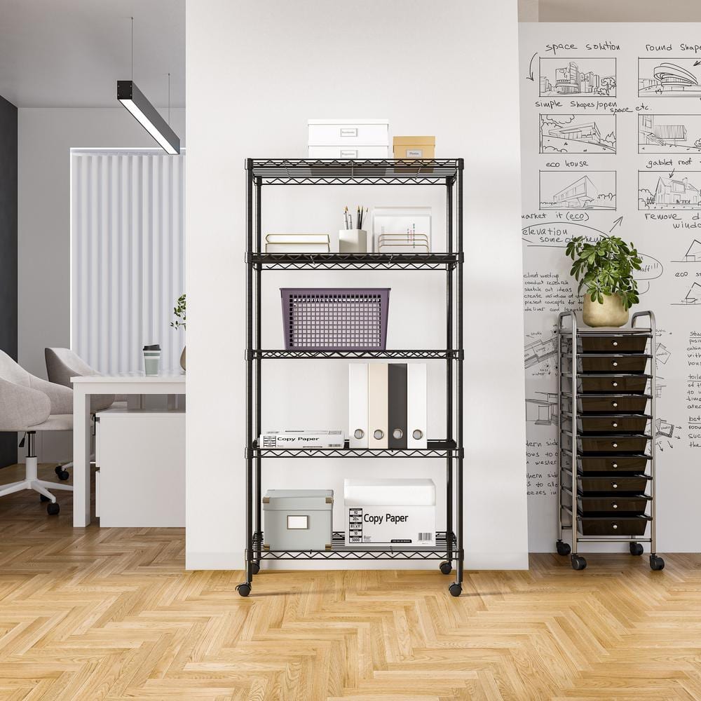 5-Tier Black Steel Wire Shelving Unit with Adjustable Shelves