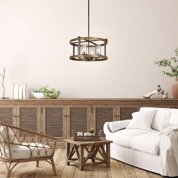 Modern Farmhouse 3-Light Black Flush Mount Light Foyer Drum Ceiling Light  with Clear Seeded Glass Shade and Cage Frame