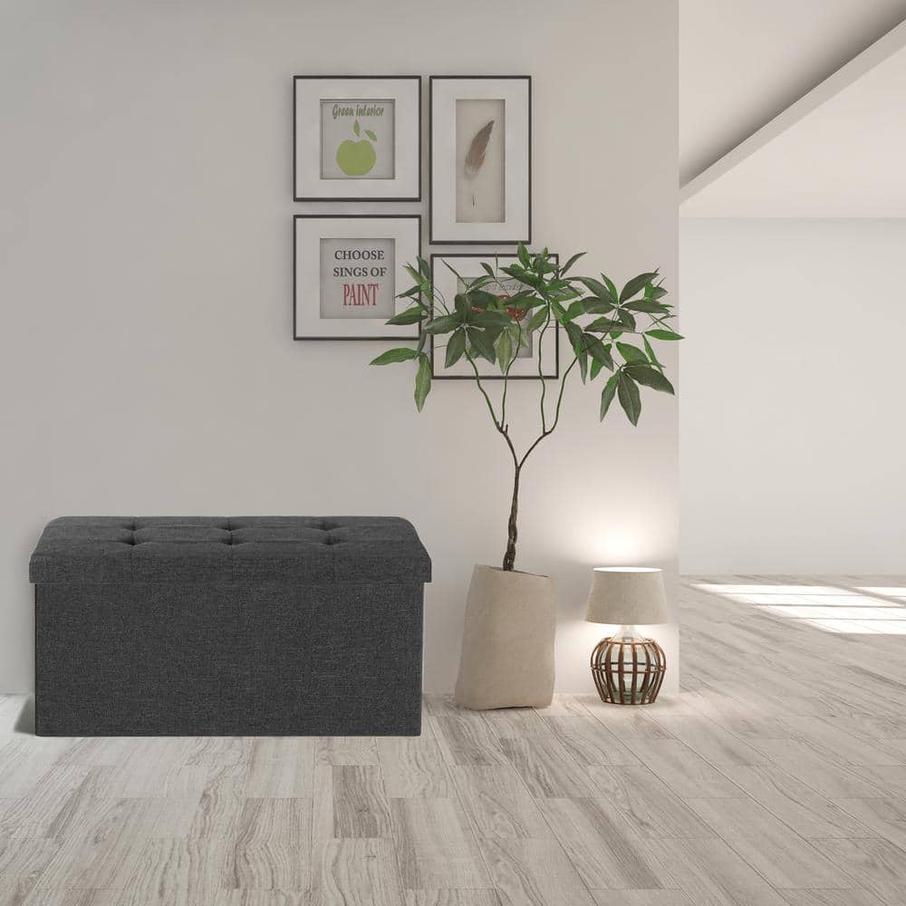 Charcoal Gray Tufted Storage Bench Ottoman with Cushioned Lid