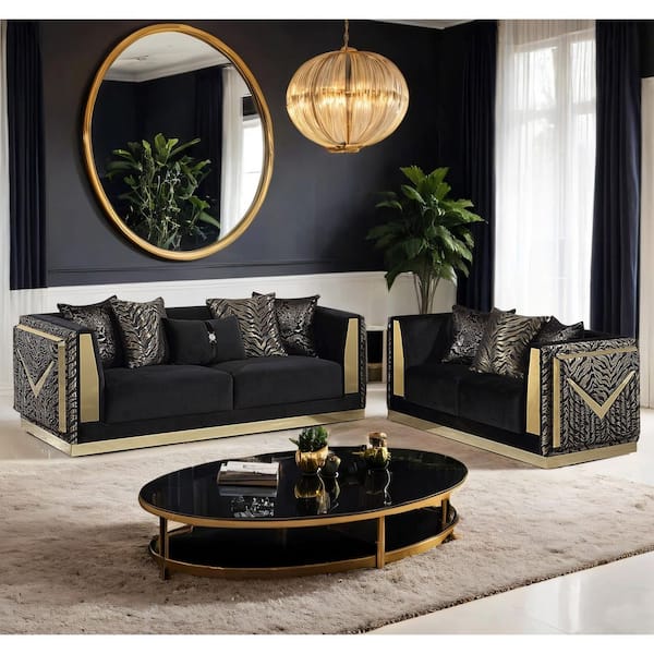Furniture of America Ulinon 2-Piece Black Velvet and Gold Fabric Zebra Print Sofa Set with Track Arms and Tight Back