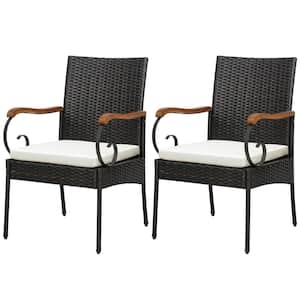 2-Pieces Patio PE Wicker Outdoor Dining Chairs Acacia Wood Armrests with Soft Zippered Off White Cushion