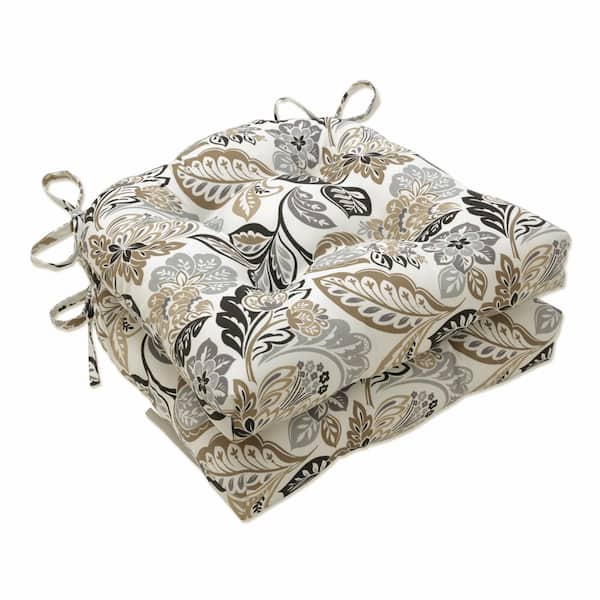 Pillow Perfect Floral 16 x 15.5 Outdoor Dining Chair Cushion in Black/Tan/Grey (Set of 2)