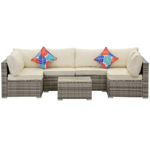 7-Piece Grey Wicker Outdoor Sectional Set with Beige Cushions and Coffee Table