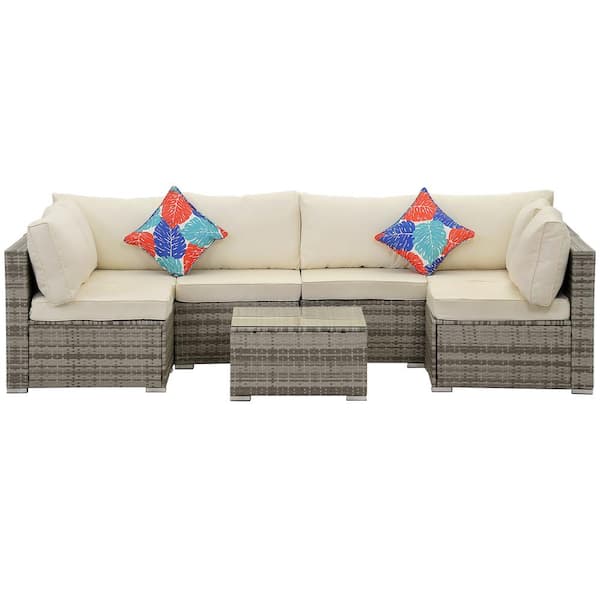Zeus & Ruta 7-Piece Grey Wicker Outdoor Sectional Set with Beige Cushions and Coffee Table