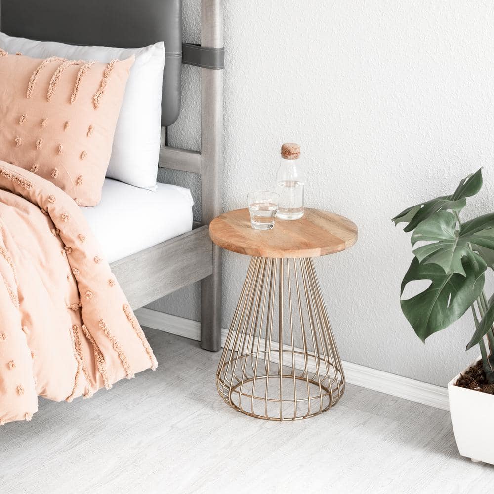 Opulent Round 20" Gold and Natural Wood Side Table