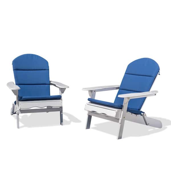 Noble House Malibu White Folding Wood Adirondack Chairs with Navy Blue Cushions (2-Pack)
