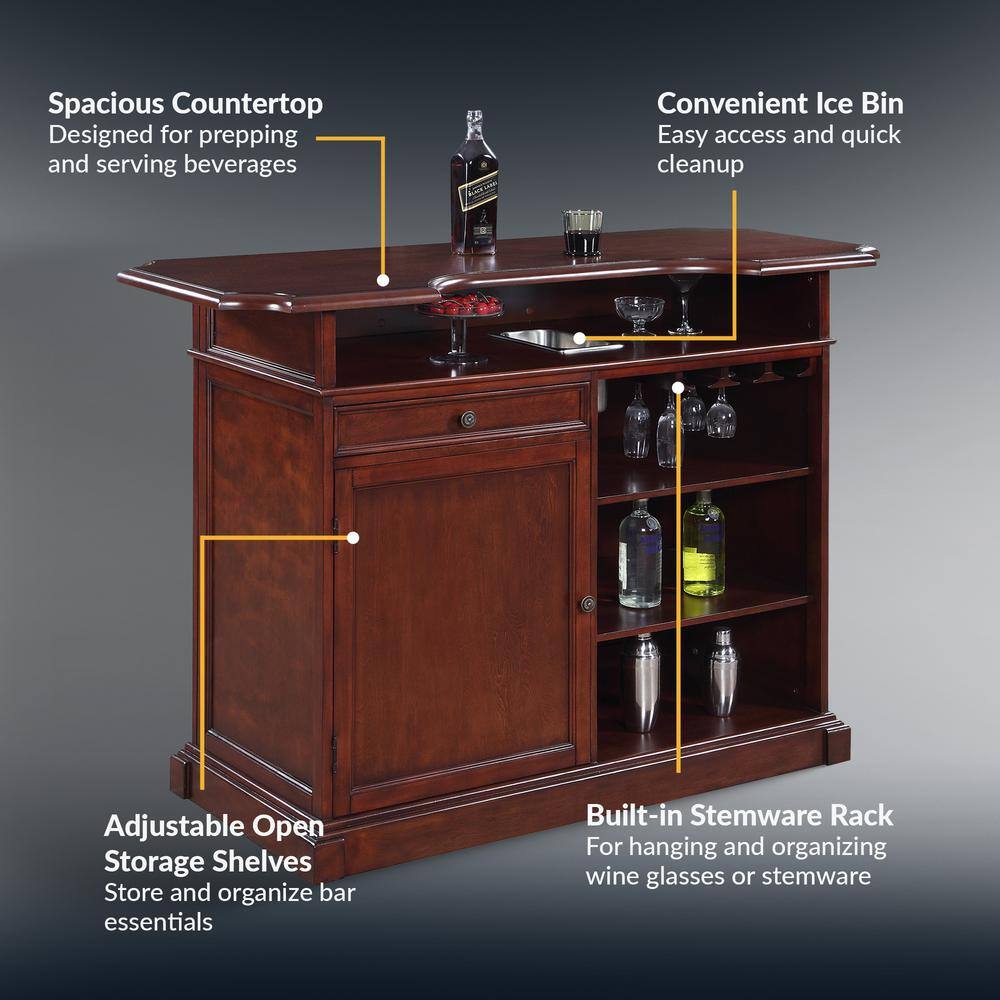 Mahogany Finish Poplar Wood Home Bar with Storage and Shelves