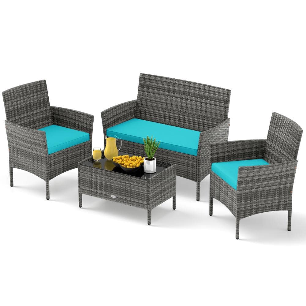 4-Piece Wicker Patio Conversation Set with Turquoise Cushions, Loveseat, 2 Chairs and Glass Coffee Table price history on PriceWatchPro