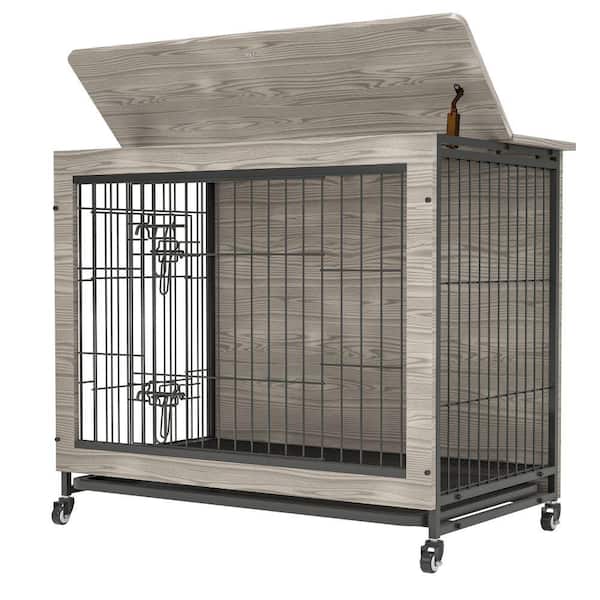 Amucolo 38 in. Gray Heavy-Duty Dog Cage Dog Crate Furniture with Wheels