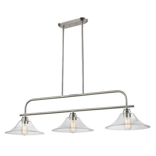 Unbranded Annora 3-Light Brushed Nickel with Clear Glass Shade Billiard Light with Vintage Bulbs Included