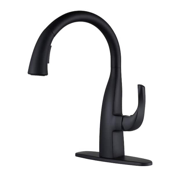 WOWOW Single Handle Deck Mount Gooseneck Pull Down Sprayer Kitchen Faucet in Matte Black