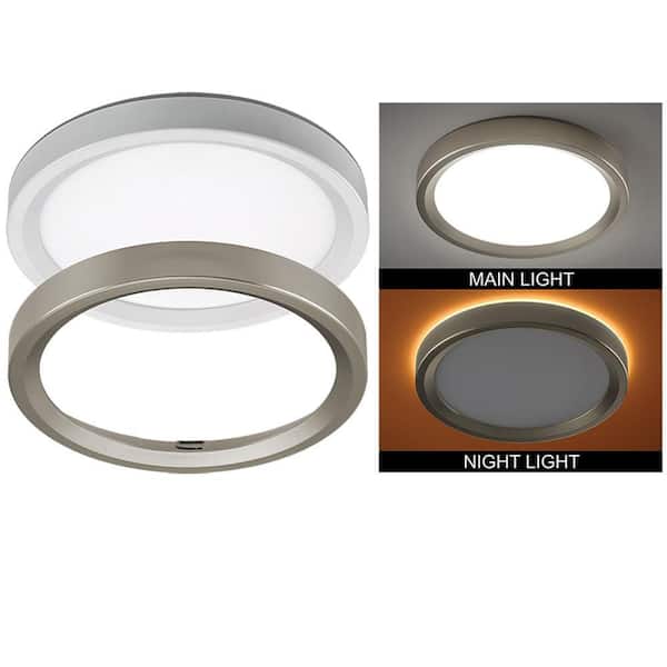 Commercial Electric 9 in. Color Selectable LED Flush Mount Ceiling Light w/ Night Light Optional White and Brushed Nickel Trim Rings