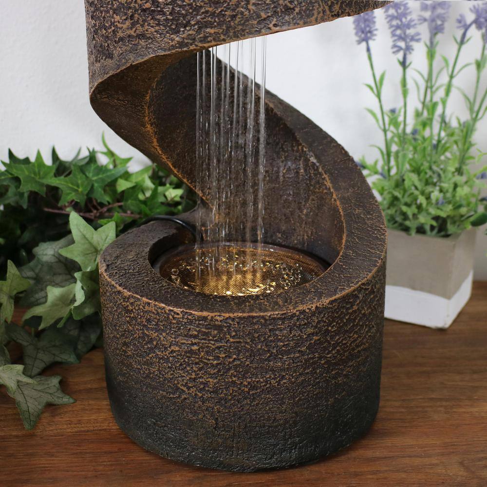 Brown Polyresin Spiral Tabletop Water Fountain with LED Light