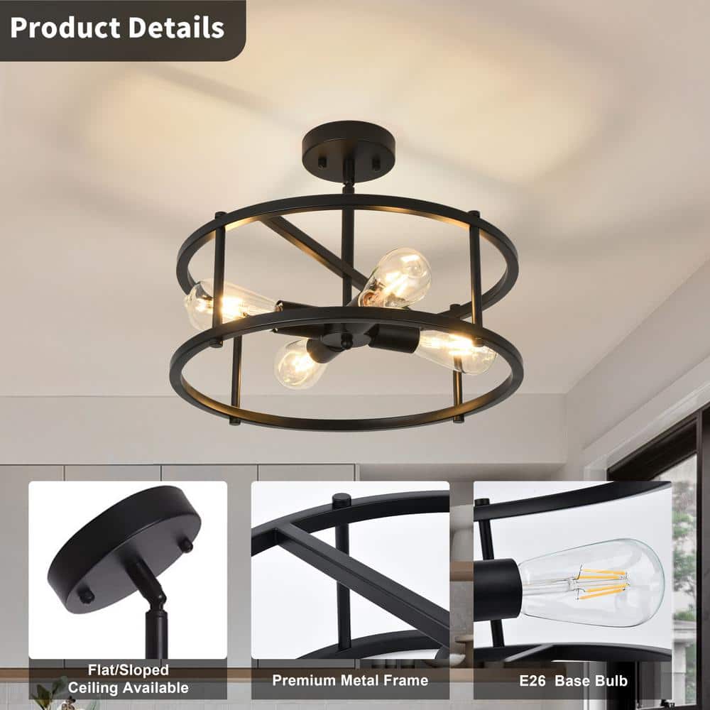 16.54'' Matte Black Metal Drum Semi-Flush Mount Ceiling Light