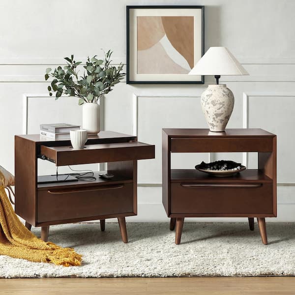 Galena Walnut Mid-Century Modern 2-Drawer Nightstand with Built-in Outlets (Set of 2)