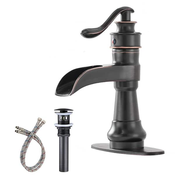 Waterfall Single Hole Single-Handle Low-Arc Bathroom Faucet With Pop-up Drain Assembly in Oil Rubbed Bronze